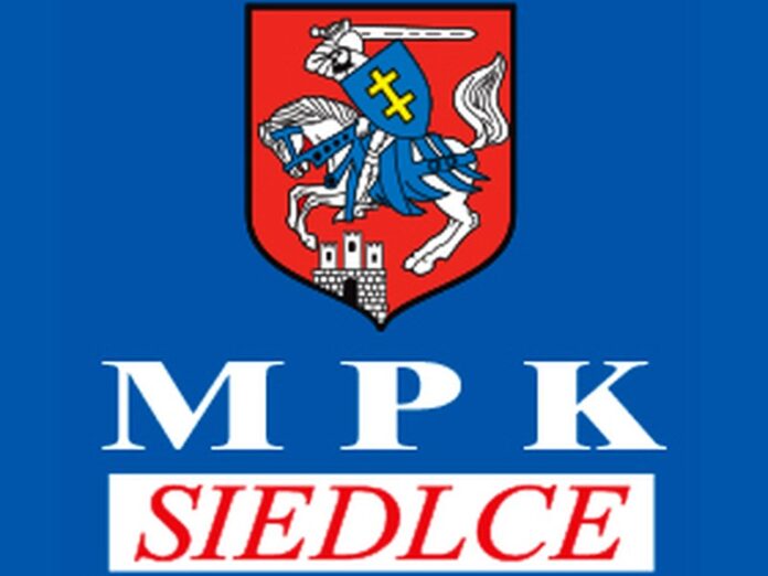 Biało - czerwony napis MPK Siedlce na niebieskim