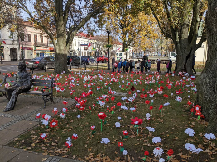 Papierowe biało-czerwone kwiaty powtykane w trawnik