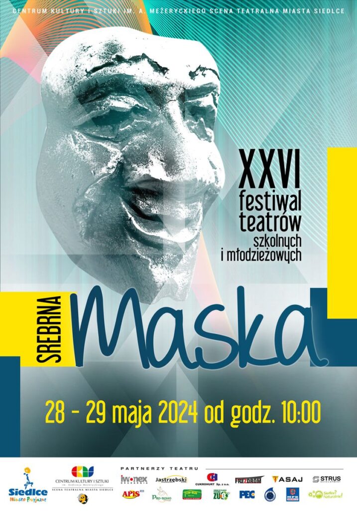 Plakat, na którym jest rysunek maski teatralnej