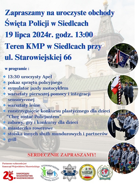 Plakat zapraszający na święto Policji w Siedlcach z pełnym harmonogramem