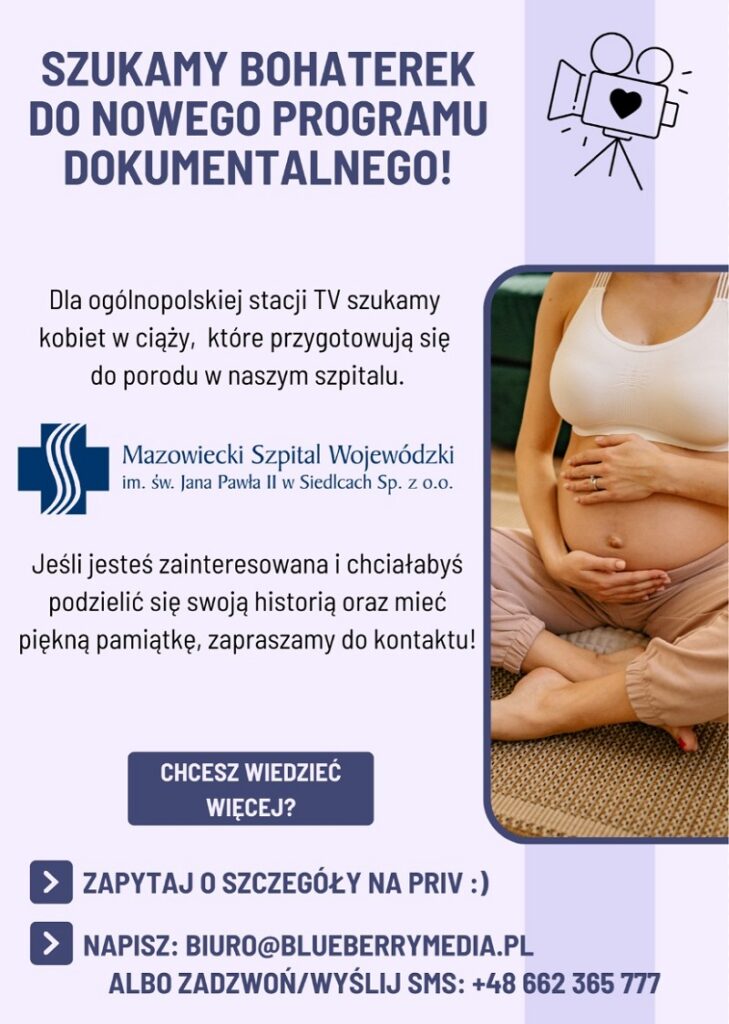 Plakat z granatowym napisem "szukamy bohaterek do nowego programu dokumentalnego" i zdjęciem kobiety w ciąży