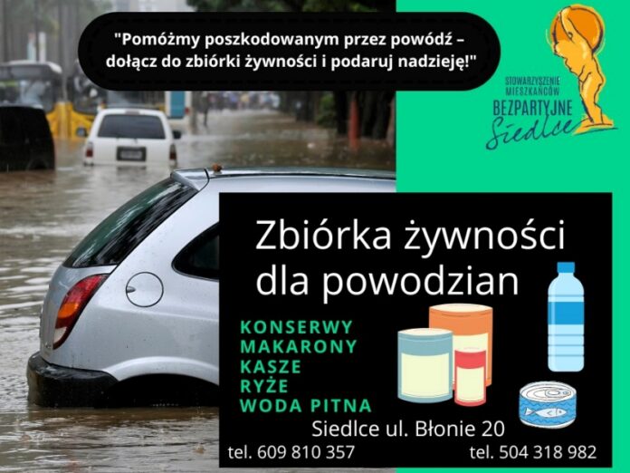 Plakat z zatopionym samochodem i informacją o zbiórce żywności