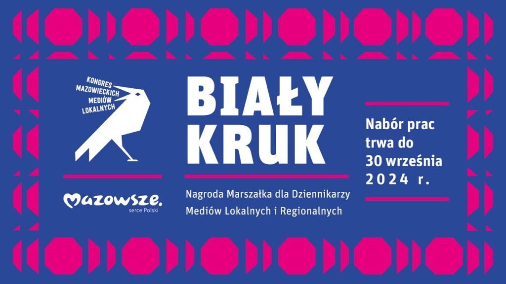 Biały drukowany napis "biały kruk" na granatowym i różowym tle