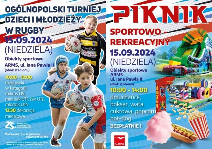 Dwa połączone ze sobą plakaty, na których dzieci grają w rugby