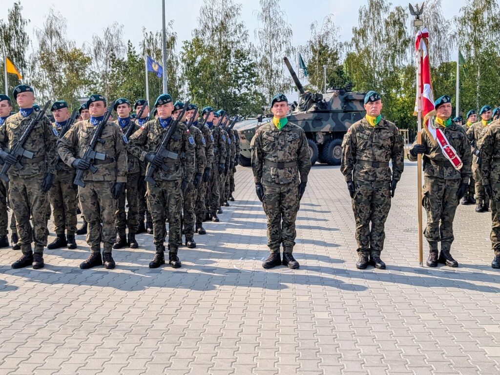 Kilkudziesięciu żołnierzy w szyku, w tle pojazdy wojskowe