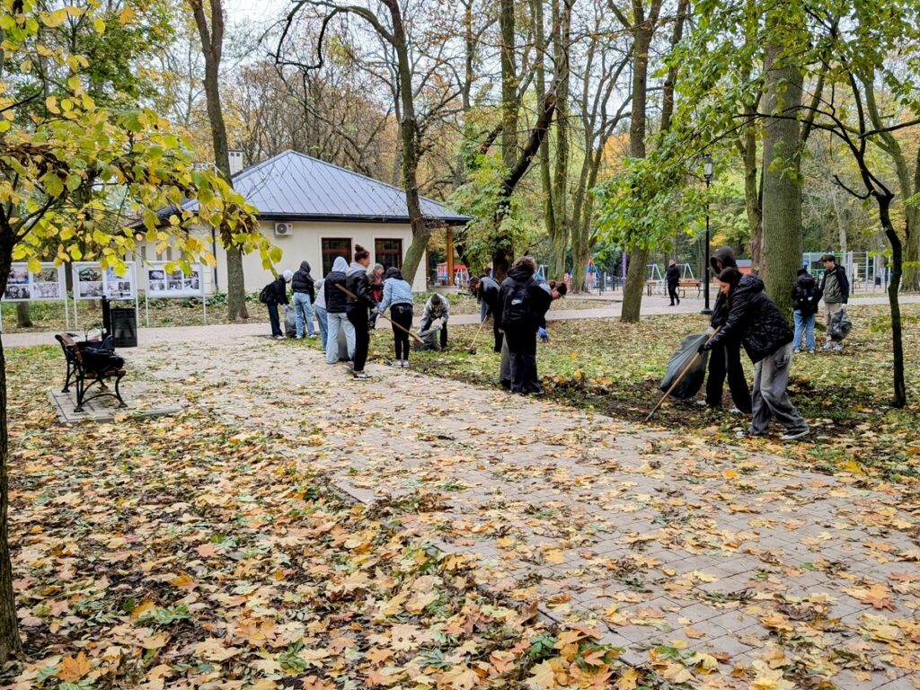 Młodzi ludzie grabiący liście w parku