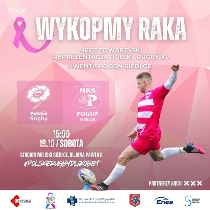 Różowy plakat mężczyzny grającego w rugby