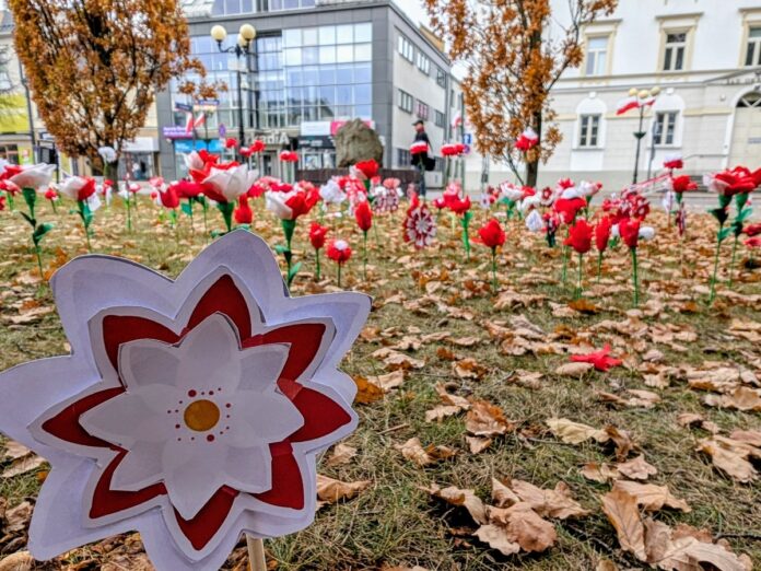 Papierowe biało-czerwone kwiaty wbite w trawnik