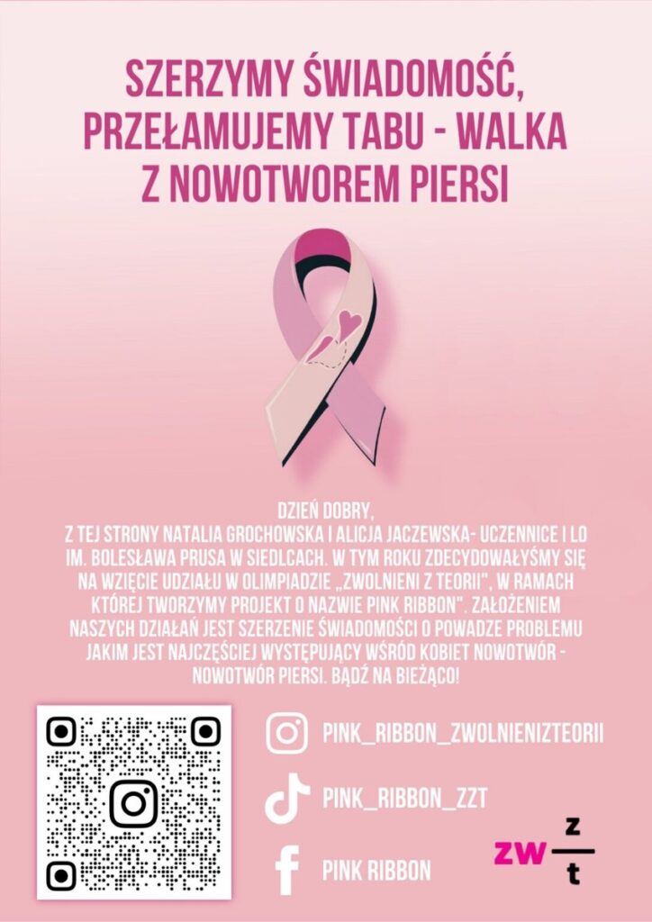 Różowy plakat informujący o akcji profilaktyki nowotworowej z kodem QR