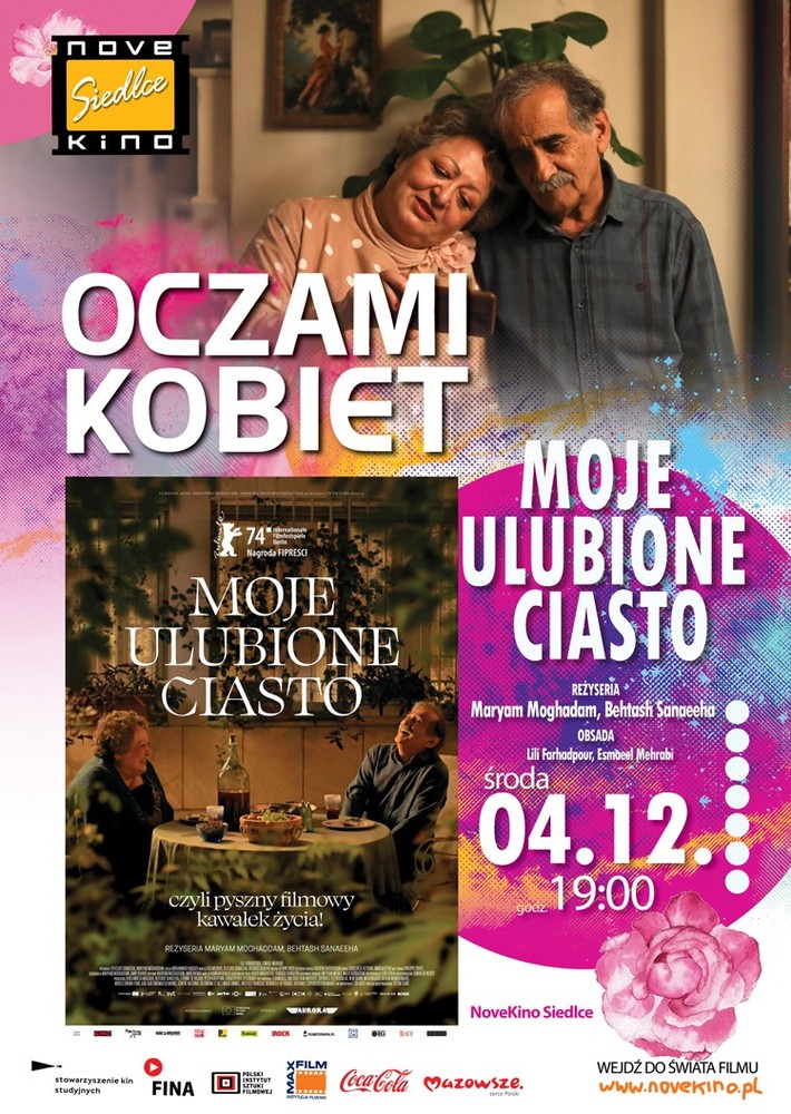 Plakat filmowy z parą siedzącą przy stoliku, zachęcający do pójścia na film "Moje ulubione ciasto", 