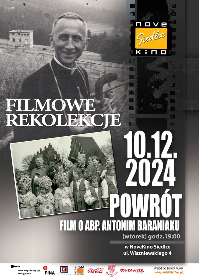 Plakat zapowiadający cykl "Filmowe Rekolekcje" ze zdjęciem księdza w tle. 