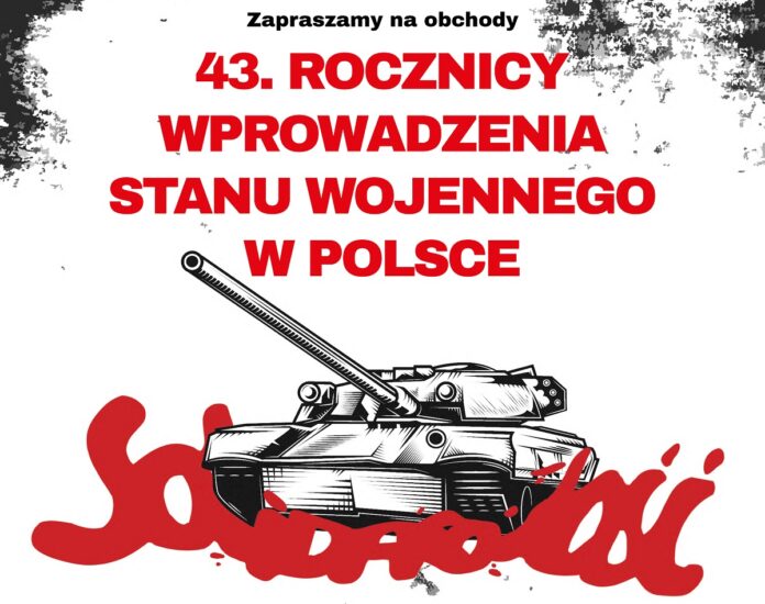 Plakat zachęcający do obecności na obchodach 43. rocznicy wprowadzenia stanu wojennego, rysunek czołgu