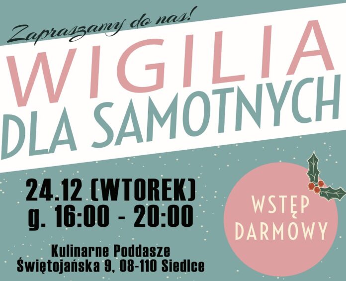 Plakat w różowo-biało-zielonym kolorze zapraszający do przyjścia na wigilię