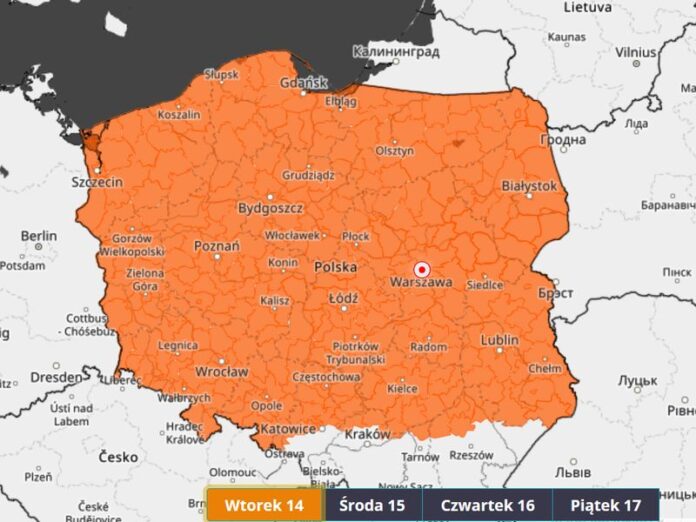 Narysowana mapa Polski, niemal cała w kolorze pomarańczowym z zaznaczonymi miastami