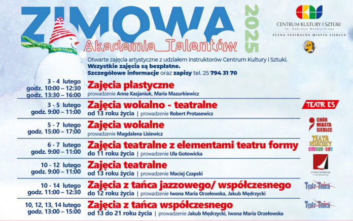 Plakat Zimowej Akademii Talentów z programem zajęć oraz wesołym bałwankiem