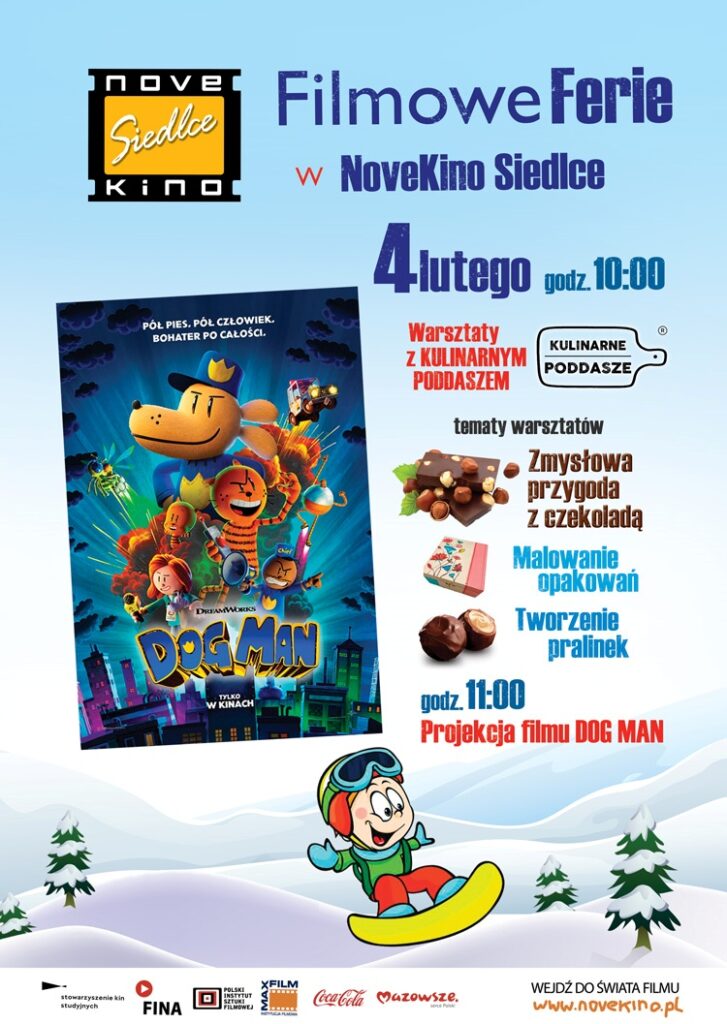 Plakat filmowy "Ferie w NoveKino" przedstawiający głównych bohaterów w dynamicznej scenerii akcji.