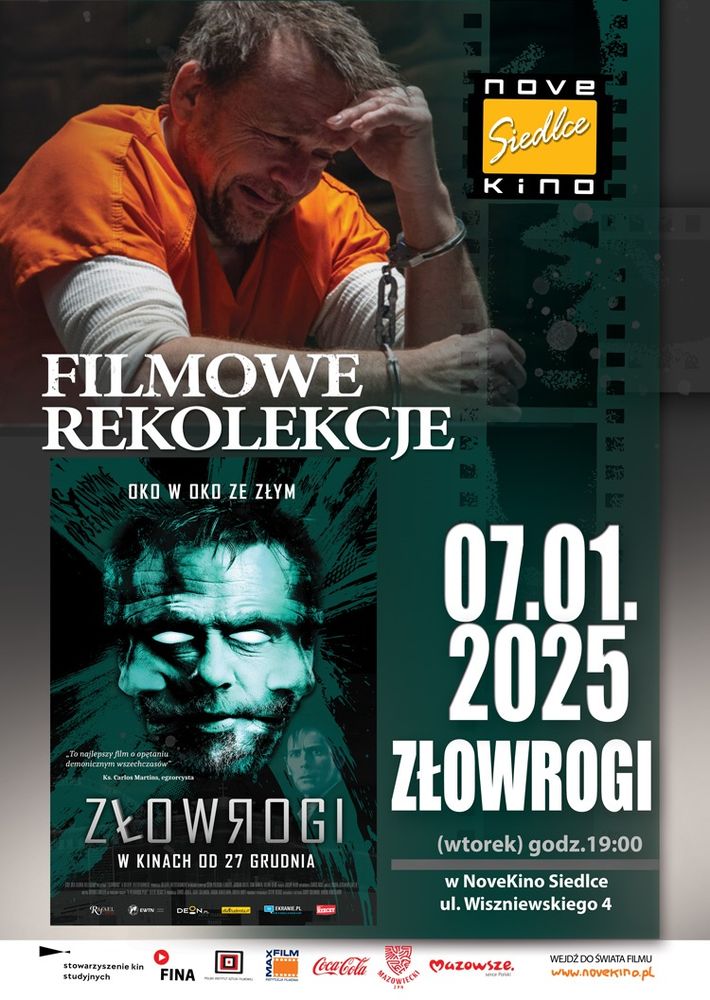 Plakat z kadrami filmu "Złowrogi" zachęcający do jego obejrzenia. 